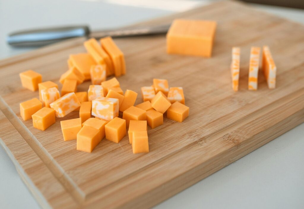 Cut cheese on a cutting board. 